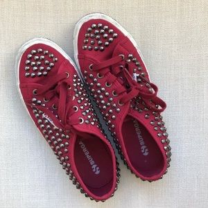 SuperGa Red Distressed Studded Sneakers